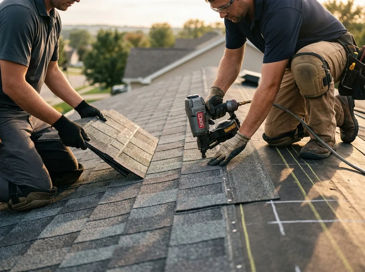 Professional roofer working on a residential roof in Woonsocket